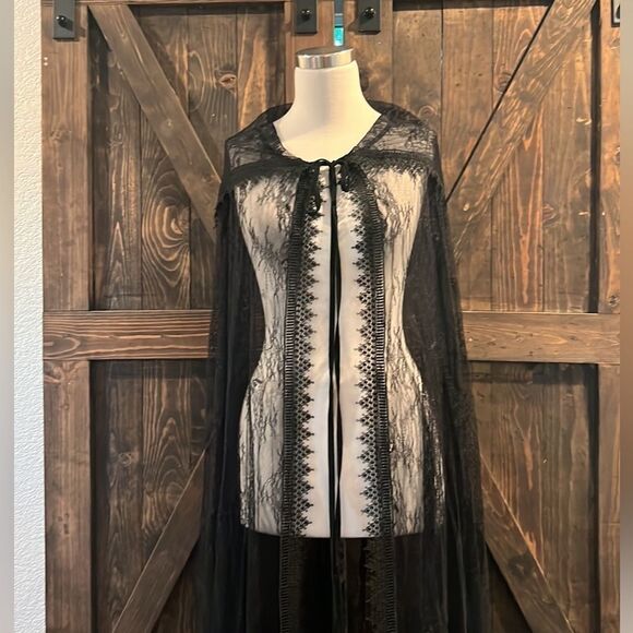 Lace Hooded Cloak Black Long  Cape Full Length Costumes Cosplay Gothic Cover Up - Picture 4 of 7